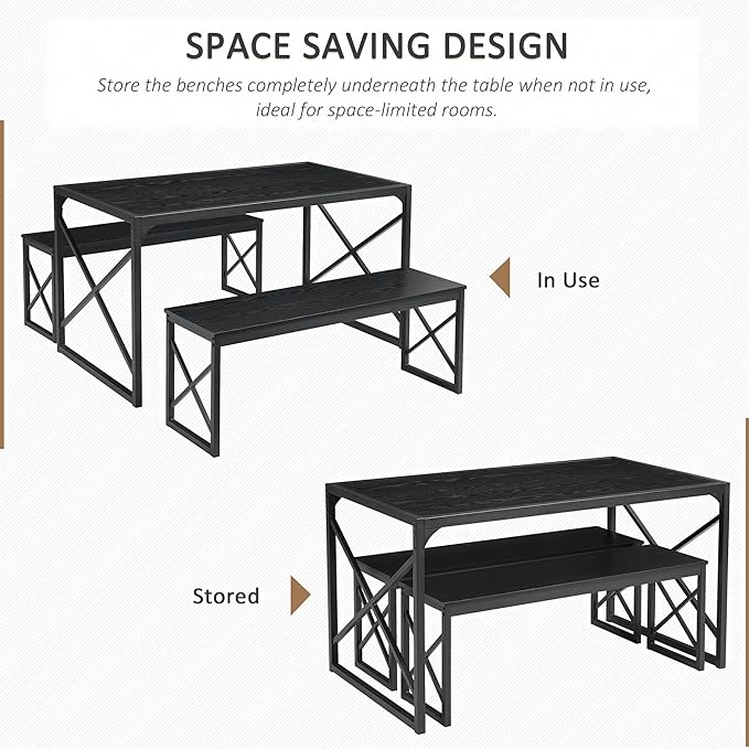 VECELO 55" Kitchen Table Set for 6, Wood Dining Room Dinette 2 Benches with Metal Frame for Breakfast Nook and Small Space, Black - LeafyLoom