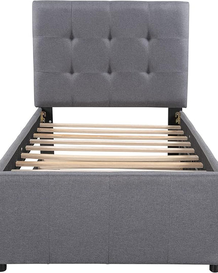 Twin Size Platform Bed, Linen Upholstered Bed Frame with Headboard and Trundle, Wood Slat Support, Gray - LeafyLoom