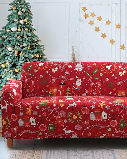 Mybedsoul Christmas Printed Sofa Cover Santa Claus Elastic Couch Cover Machine Washable Christmas Theme Red Sofa Slipcover for Living Room(2 Seater/Loveseat) Mybedsoul