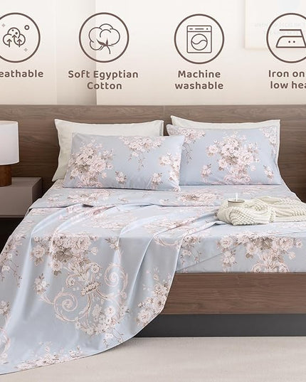 QSH Floral King Size Sheet Sets - 100% Egyptian Cotton Floral Bedding Sheets Blue Vintage Paisley Flower Pattern Printed Bedding King Size Bed Sheets 17.5" Extra Deep Pocket 4pcs - LeafyLoom