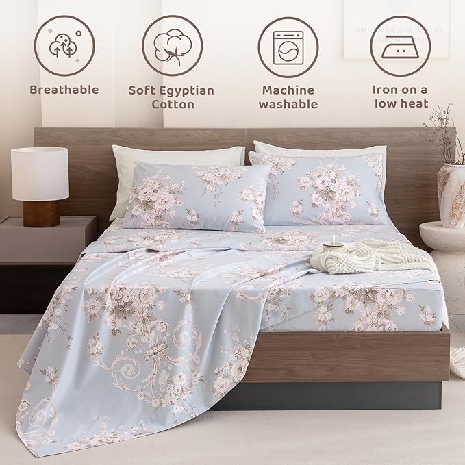 QSH Floral King Size Sheet Sets - 100% Egyptian Cotton Floral Bedding Sheets Blue Vintage Paisley Flower Pattern Printed Bedding King Size Bed Sheets 17.5" Extra Deep Pocket 4pcs - LeafyLoom