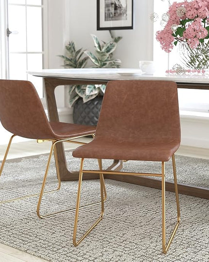 Flash Furniture Butler 18 Inch Commercial Grade LeatherSoft Dining Table Height Chair, Mid-Back Gold Sled Base with Light Brown LeatherSoft Upholstery, Set of 2 - LeafyLoom