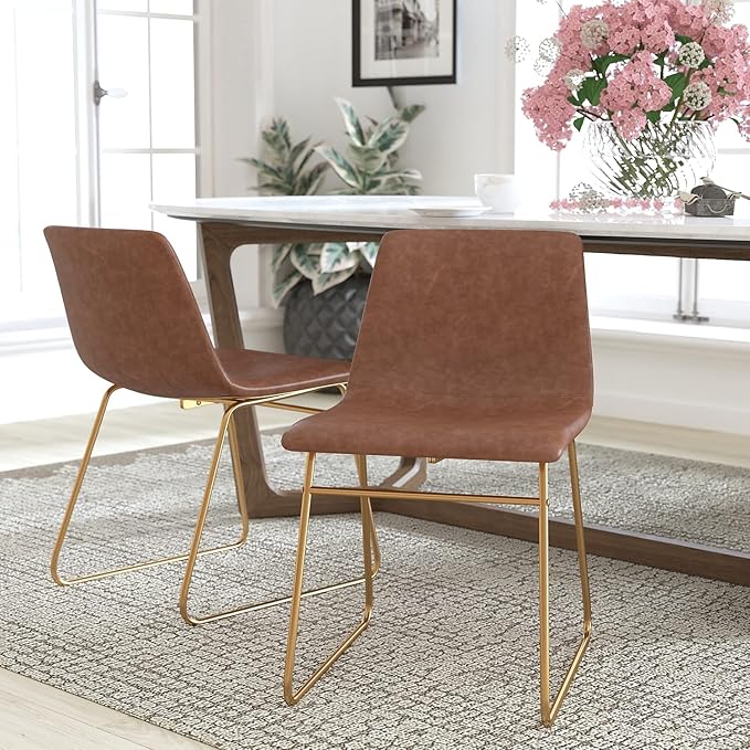 Flash Furniture Butler 18 Inch Commercial Grade LeatherSoft Dining Table Height Chair, Mid-Back Gold Sled Base with Light Brown LeatherSoft Upholstery, Set of 2 - LeafyLoom