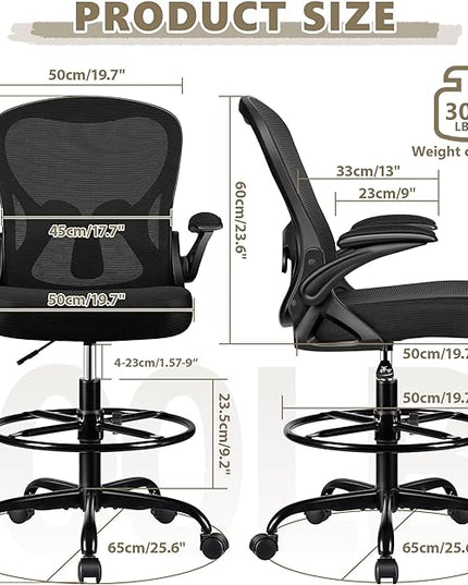 Drafting Chair, Tall Office Chair Ergonomic Standing Desk chair, Lumbar Support Computer Chair Swivel Task Rolling Chair with Adjustable Flip-up Armrests & Foot Ring (Black) - LeafyLoom