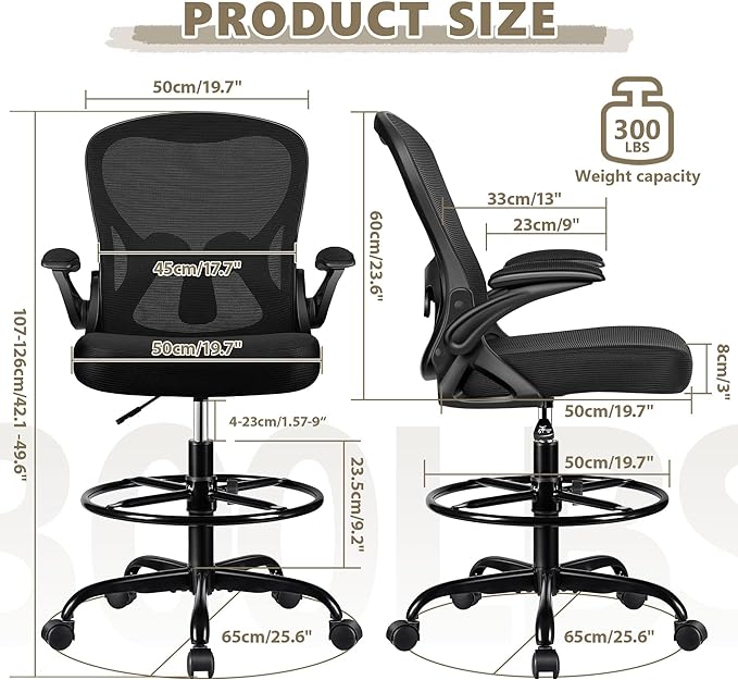 Drafting Chair, Tall Office Chair Ergonomic Standing Desk chair, Lumbar Support Computer Chair Swivel Task Rolling Chair with Adjustable Flip-up Armrests & Foot Ring (Black) - LeafyLoom