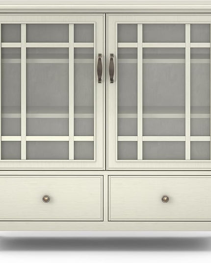 SIMPLIHOME Connaught Low Storage Cabinet, 46 inch, Antique White - LeafyLoom