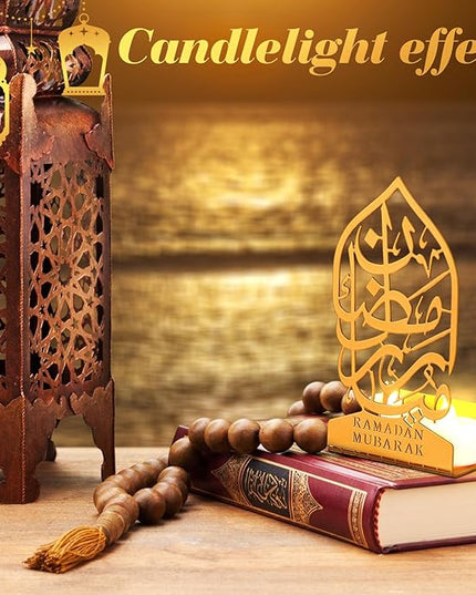 Eid Crafts Night Light 3D Metal Ramadan Eid Mubarak Ornaments Ramadan Decorations Ramadan Table Decor Ramadan Mubarak Light with 2 LED Candles for Home Eid Party Supplies (Vintage) - LeafyLoom