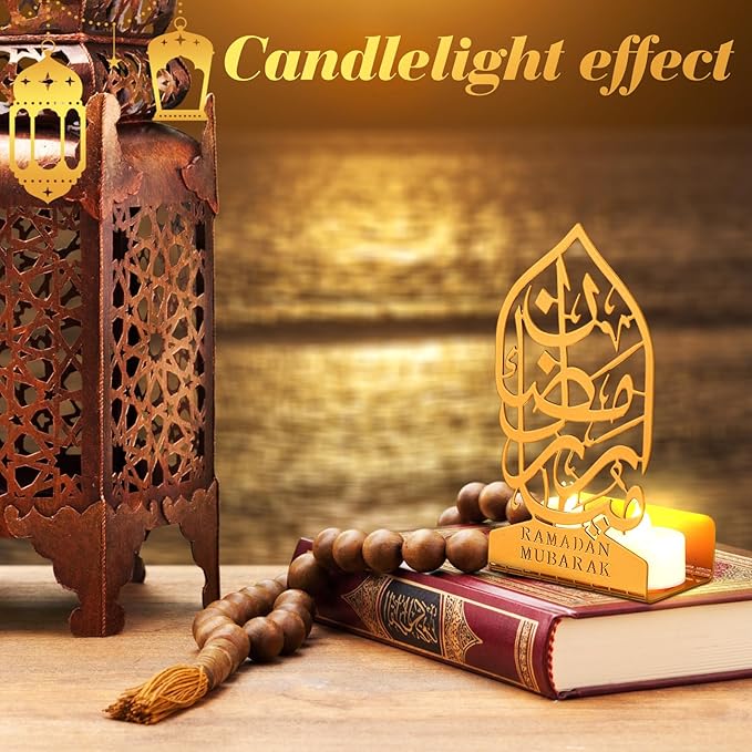 Eid Crafts Night Light 3D Metal Ramadan Eid Mubarak Ornaments Ramadan Decorations Ramadan Table Decor Ramadan Mubarak Light with 2 LED Candles for Home Eid Party Supplies (Vintage) - LeafyLoom