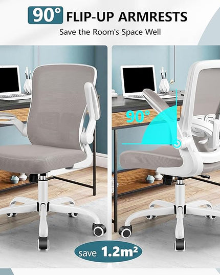 MINLOVE Office Chair Ergonomic Desk Chair with Adjustable Lumbar Support and Height, 90° Flip-up Armrests, Ergo Desk Chairs with Wheels, 360° Swivel Mesh Chair, Home Work Use (Gray) - LeafyLoom