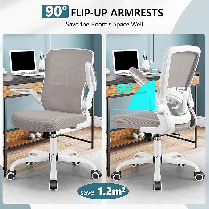 MINLOVE Office Chair Ergonomic Desk Chair with Adjustable Lumbar Support and Height, 90° Flip-up Armrests, Ergo Desk Chairs with Wheels, 360° Swivel Mesh Chair, Home Work Use (Gray) - LeafyLoom