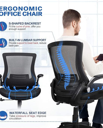 Ergonomic Mesh Office Chair Mid Back Swivel Desk Chair Black Computer Chair with Flip-Up Armrests Lumbar Support Adjustable Height Task Chairs - LeafyLoom
