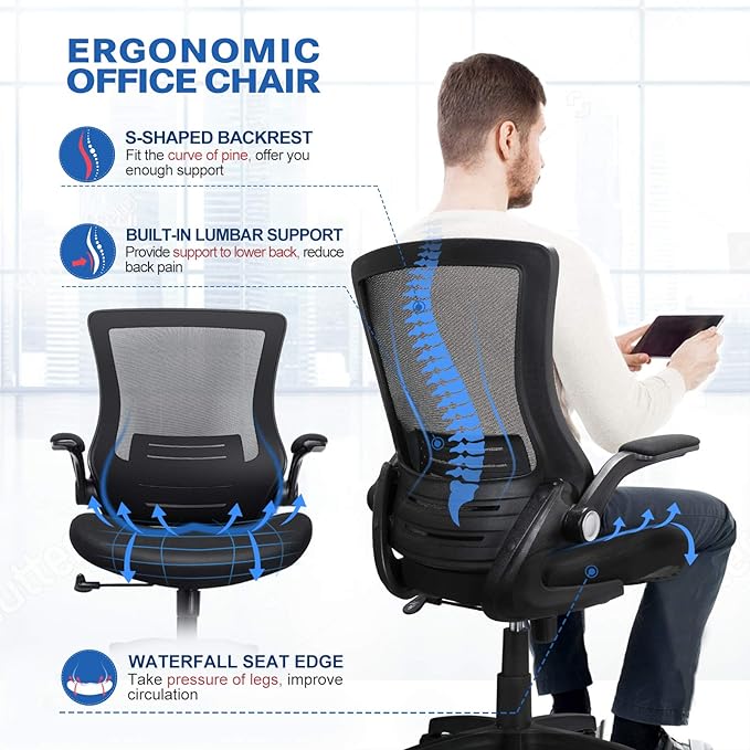 Ergonomic Mesh Office Chair Mid Back Swivel Desk Chair Black Computer Chair with Flip-Up Armrests Lumbar Support Adjustable Height Task Chairs - LeafyLoom