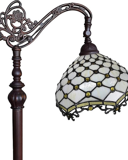 Amora Tiffany Style Floor Lamp Jeweled Jagged Edge Arched 62" Tall Stained Glass White Tan Antique Vintage Light Decor Bedroom Living Room Reading Gift AM122FL12B Lighting - LeafyLoom