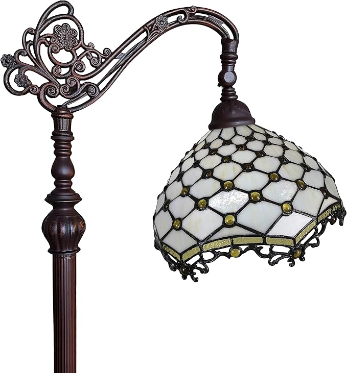 Amora Tiffany Style Floor Lamp Jeweled Jagged Edge Arched 62" Tall Stained Glass White Tan Antique Vintage Light Decor Bedroom Living Room Reading Gift AM122FL12B Lighting - LeafyLoom