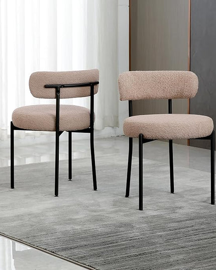 Light Brown Dining Chairs Set of 2 Round Upholstered Boucle Dining Room Chairs Mid-Century Modern Kitchen Chairs Curved Backrest Chairs for Dining Room Black Metal Legs - LeafyLoom