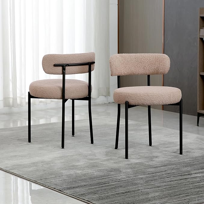 Light Brown Dining Chairs Set of 2 Round Upholstered Boucle Dining Room Chairs Mid-Century Modern Kitchen Chairs Curved Backrest Chairs for Dining Room Black Metal Legs - LeafyLoom
