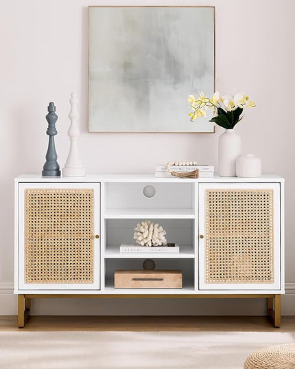 NicBex TV Stand for 55 Inch TV Modern TV Media Console Table with Adjustable Shelf, Rattan Sideboard,Entertainment Center with Storage for Living Room,Bedroom,47 Inch,White - LeafyLoom