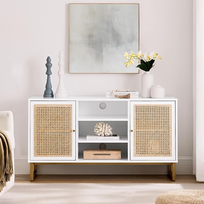 NicBex TV Stand for 55 Inch TV Modern TV Media Console Table with Adjustable Shelf, Rattan Sideboard,Entertainment Center with Storage for Living Room,Bedroom,47 Inch,White - LeafyLoom