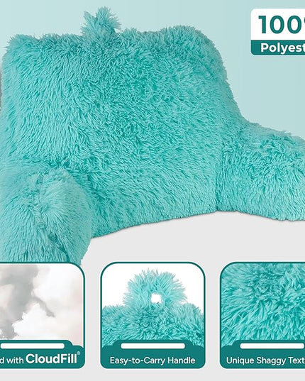 Klear Vu Shaggy Reading Pillow Back Rest Body Pillow for Adults and Kids, Lumbar and Arm Support on Bed, Chair, Couch, Sofa and Floor, 30" x 21", One Size, Aqua - LeafyLoom