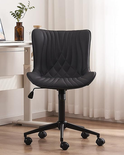 YOUTASTE Office Chair Modern Armless Desk Chair with Wheels, Adjustable Swivel Rolling Computer Task Chair, Faux Leather Sewing Chairs, Ergonomics Rocking Home Gaming Lounge Vanity Chairs, Black - LeafyLoom