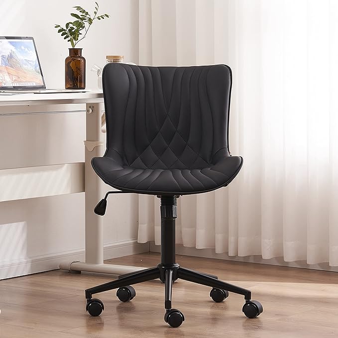 YOUTASTE Office Chair Modern Armless Desk Chair with Wheels, Adjustable Swivel Rolling Computer Task Chair, Faux Leather Sewing Chairs, Ergonomics Rocking Home Gaming Lounge Vanity Chairs, Black - LeafyLoom