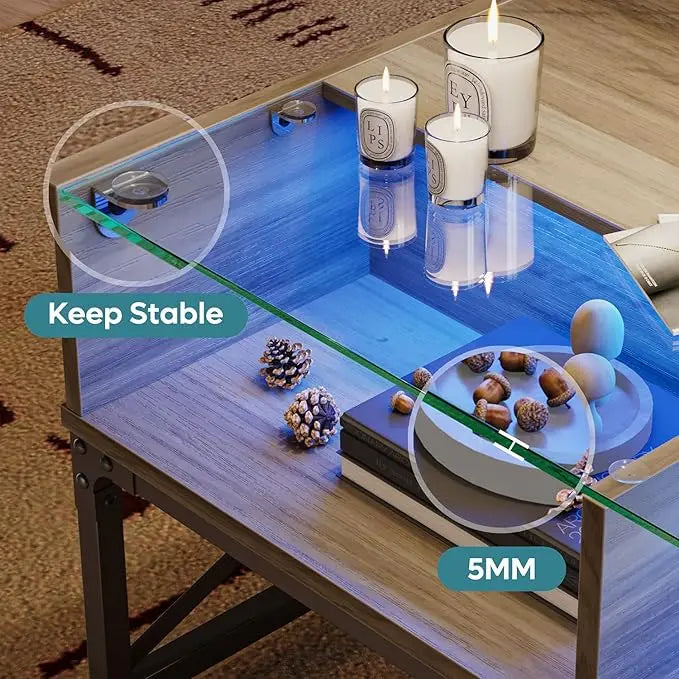 Bestier LED Coffee Tables for Living Room,Wood Center Table with Glass Top Game Night. 42 Inch Room Grey Wash - LeafyLoom
