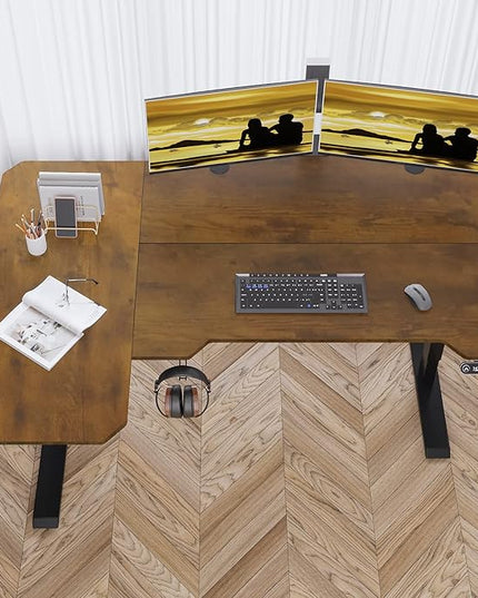 Adjustable Height L-Shaped 59 Inch Electric Standing Desk - Sit Stand Computer Desk with 3 Splice Board, Lockable Casters, Stand Up Desk Table for Home Office, Black Frame and Rustic Brown Top - LeafyLoom