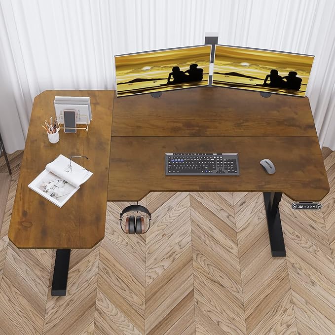 Adjustable Height L-Shaped 59 Inch Electric Standing Desk - Sit Stand Computer Desk with 3 Splice Board, Lockable Casters, Stand Up Desk Table for Home Office, Black Frame and Rustic Brown Top - LeafyLoom