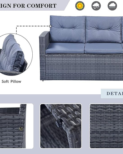 Merax Furniture 6-Piece All-Weather PE Rattan Patio Outdoor Conversation Set with Coffee Table,Wicker Sofas,Ottomans,Removable Cushions,Grey - LeafyLoom