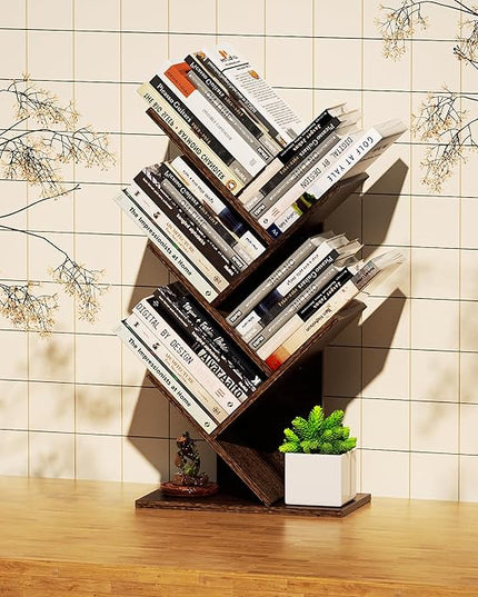 5 Tier Small Tree Bookshelf Desk Book Organizer Narrow Bookcases for Books Magazines CDs Free Standing Retro Wooden Storage Shelves for Home Office Bedroom Living Room Rustic Brown - LeafyLoom