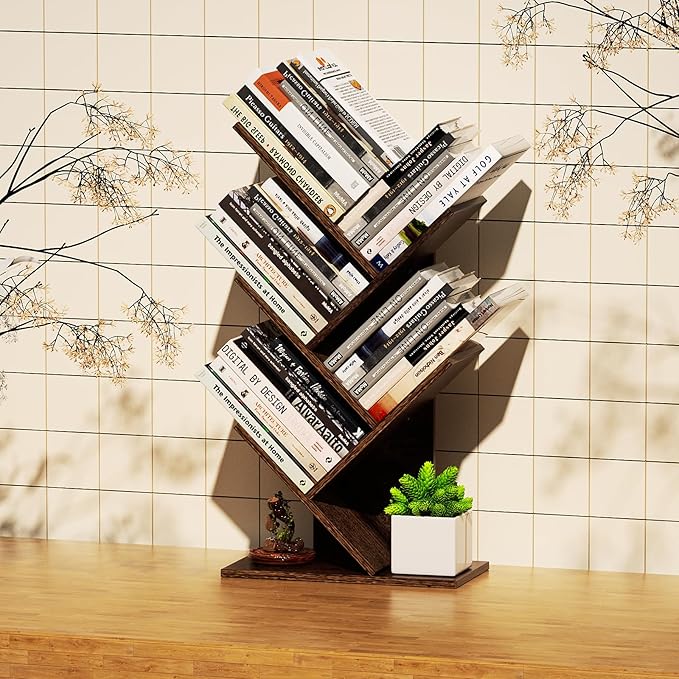 5 Tier Small Tree Bookshelf Desk Book Organizer Narrow Bookcases for Books Magazines CDs Free Standing Retro Wooden Storage Shelves for Home Office Bedroom Living Room Rustic Brown - LeafyLoom