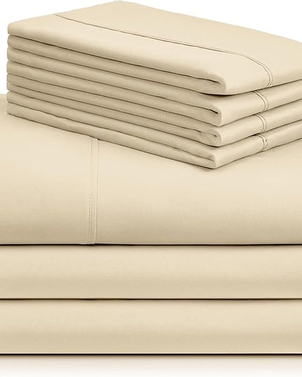 LuxClub 7 PC Split King Sheet Set, Breathable Luxury Bed Sheets, Deep Pockets 18" Eco Friendly Wrinkle Free Cooling Sheets Machine Washable Hotel Bedding Silky Soft - Cream Split King - LeafyLoom