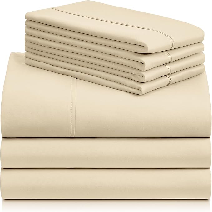 LuxClub 7 PC Split King Sheet Set, Breathable Luxury Bed Sheets, Deep Pockets 18" Eco Friendly Wrinkle Free Cooling Sheets Machine Washable Hotel Bedding Silky Soft - Cream Split King - LeafyLoom