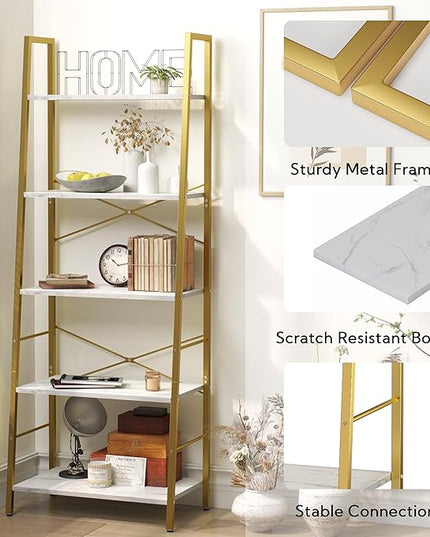 Yusong Ladder Shelf, 5-Tier Bookshelf Wood Bookcase for Living Room, Industrial Book Shelves, Tall Storage Display Rack Plant Stand for Bedoom, Home Office, Gold Metal Frame and White Marble Plank - LeafyLoom
