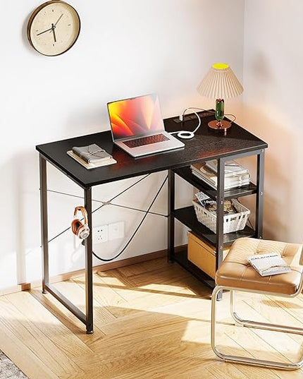 AODK Laptop Desk Small Desk, 32 Inch Computer Desk with Power Outlet and USB & Type-C Charging Port, Writing Desk with 3-Tier Reversible Storage Shelf for Home Office, 32'' x 16'', Black - LeafyLoom
