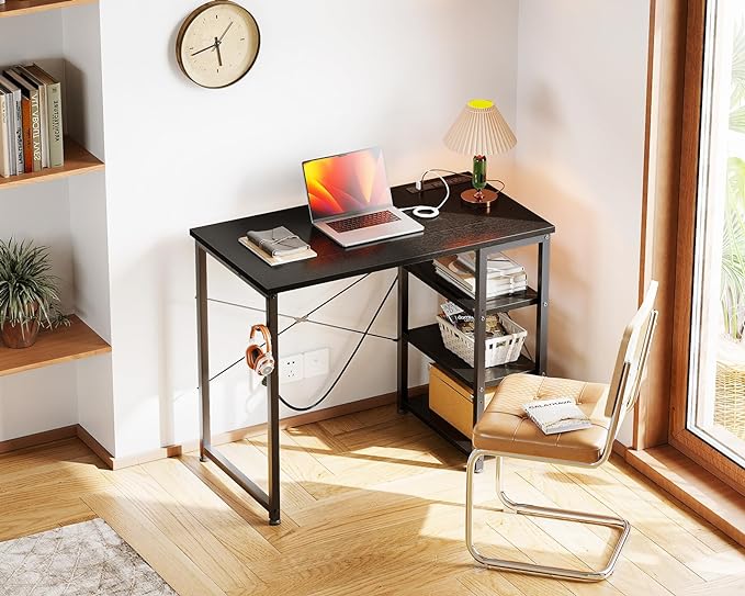 AODK Laptop Desk Small Desk, 32 Inch Computer Desk with Power Outlet and USB & Type-C Charging Port, Writing Desk with 3-Tier Reversible Storage Shelf for Home Office, 32'' x 16'', Black - LeafyLoom