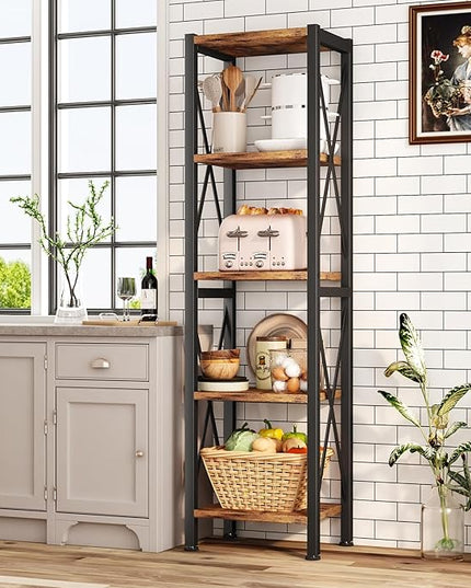 5-Tier Narrow Bookshelf, Ladder Bookshelf, Tall Bookshelf for Bedroom with Open Shelves, Office Bookshelf, Industrial Standing Bookshelf for Bedroom, Living Room and Home Office - LeafyLoom