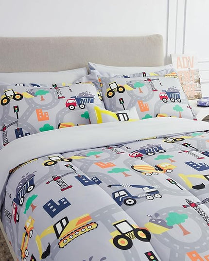 Mooreeke Bed in a Bag for Kids Boys Teens, 8 Pieces Full Size Comforter Bed Set with Shams, Sheet Set and Decorative Toy Pillow, Excavator Super Soft Microfiber Kids Comforter Bedding Set - LeafyLoom