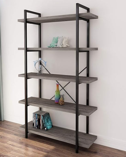 45MinST 5-Tier Vintage Industrial Style Bookcase/Metal and Wood Bookshelf Furniture for Collection, Gray Oak, 3/4/5 Tier (5-Tier) - LeafyLoom
