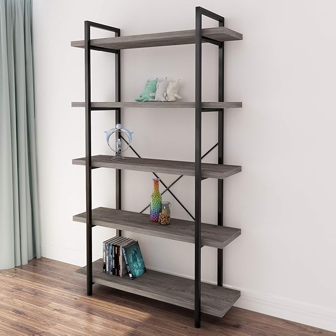 45MinST 5-Tier Vintage Industrial Style Bookcase/Metal and Wood Bookshelf Furniture for Collection, Gray Oak, 3/4/5 Tier (5-Tier) - LeafyLoom