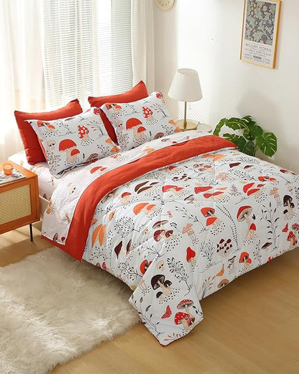 Mushroom Comforter Set Twin Size for Boys Girls Kids Teens 7 Piece Butterfly Flower Bedding Set Bed in a Bag (1 Comforter, 1 Flat Sheet, 1 Fitted Sheet, 2 Pillow Shams, 2 Pillowcases) - LeafyLoom