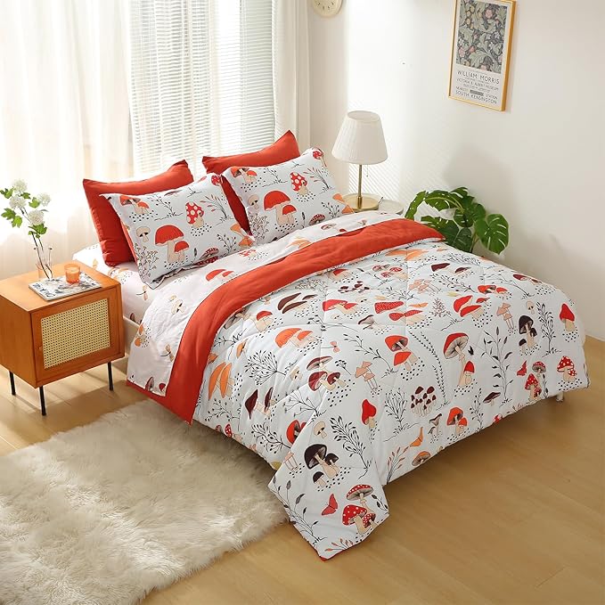 Mushroom Comforter Set Twin Size for Boys Girls Kids Teens 7 Piece Butterfly Flower Bedding Set Bed in a Bag (1 Comforter, 1 Flat Sheet, 1 Fitted Sheet, 2 Pillow Shams, 2 Pillowcases) - LeafyLoom