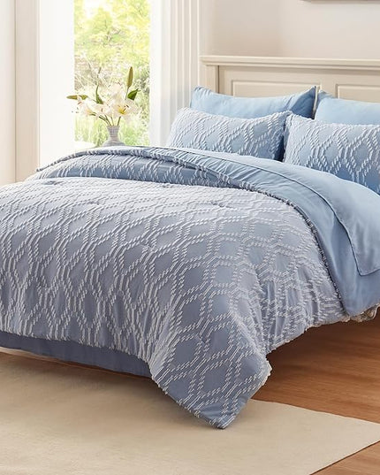 EMME Queen Comforter Set - 7 Pcs Blue Boho Bedding Sets, Full Size Tufted Comforter with Sheets, Shabby Chic Embroidery Queen Bed Set Fluffy Bed Bag for All Season(90"X90") - LeafyLoom