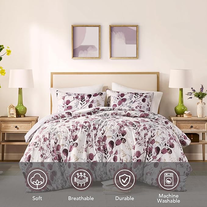 Codi Floral Queen Comforter Set for Womens, Spring Lavender Bedding Sets with Soft Seersucker 3pcs - 1 Flower Comforters and 2 Pillows Case, Lilac Purple - LeafyLoom