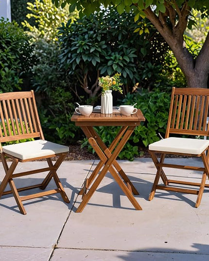 Greesum 3 Piece Patio Folding Furniture Bistro Set with 2 cushions for Pool Beach Backyard Balcony Porch Deck Garden, Acacia Wood - LeafyLoom