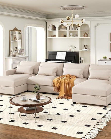 128.3" Modern Large U-Shaped Sectional Sofa with 2 Storage Chaise and 4 Lumbar Pillows, Oversized Reversible Upholstered Couch for Living Room, Apartment, Office, Beige, 128.3 Inch - LeafyLoom