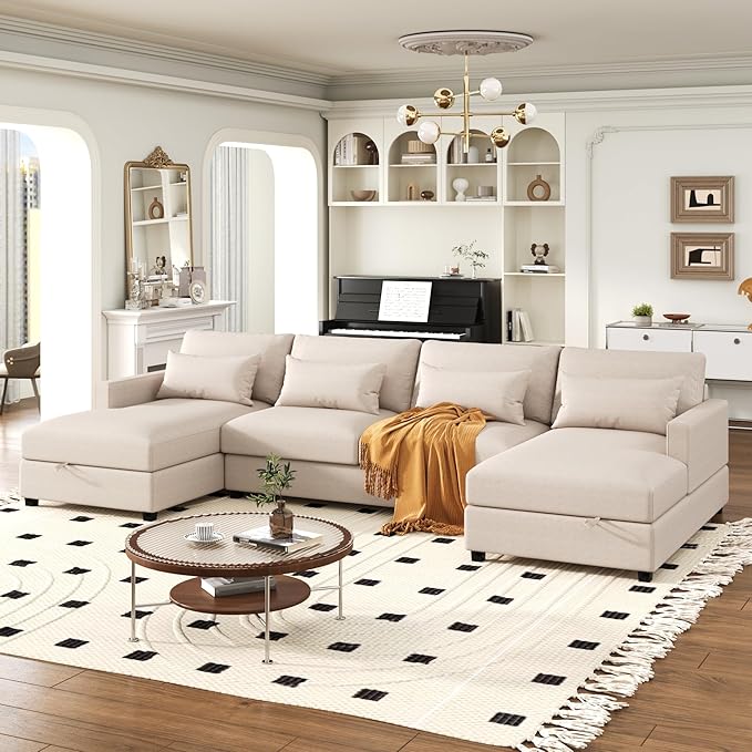 128.3" Modern Large U-Shaped Sectional Sofa with 2 Storage Chaise and 4 Lumbar Pillows, Oversized Reversible Upholstered Couch for Living Room, Apartment, Office, Beige, 128.3 Inch - LeafyLoom