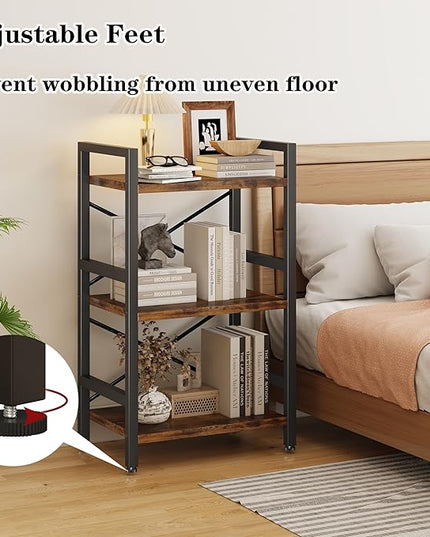 Conami Small Bookshelf, 3 Tier Industrial Bookcase, Bookcase Shelf Storage Organizer, Short Book Shelf for Bedroom, Living Room and Home Office, Vintage - LeafyLoom