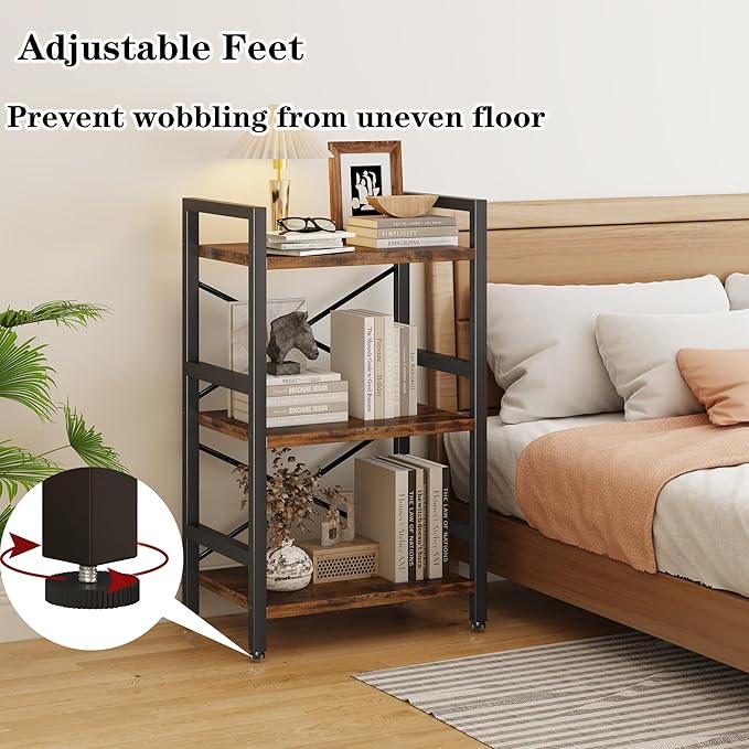Conami Small Bookshelf, 3 Tier Industrial Bookcase, Bookcase Shelf Storage Organizer, Short Book Shelf for Bedroom, Living Room and Home Office, Vintage - LeafyLoom