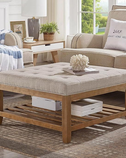 24KF Large Square Upholstered Tufted Linen Ottoman Coffee Table, Large Footrest Ottoman with Solid Wood Shelf-Linen - LeafyLoom